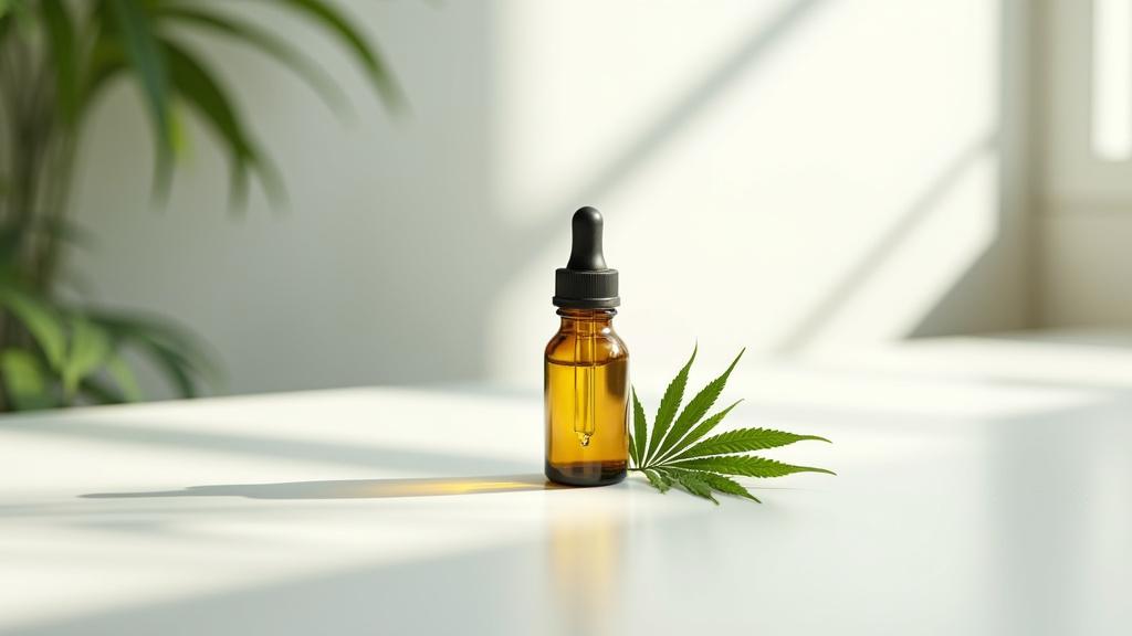 Bouteille d'huile de CBD Cibdol avec pipette graduée sur fond neutre