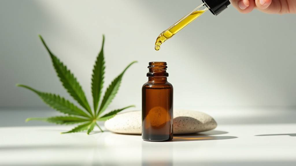 Personne appliquant de l'huile CBD sous la langue devant un paysage apaisant