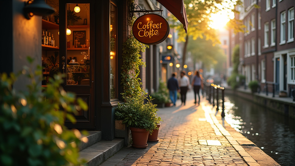 Vue extérieure d'un coffee shop typique d'Amsterdam avec enseigne colorée et canal en arrière-plan