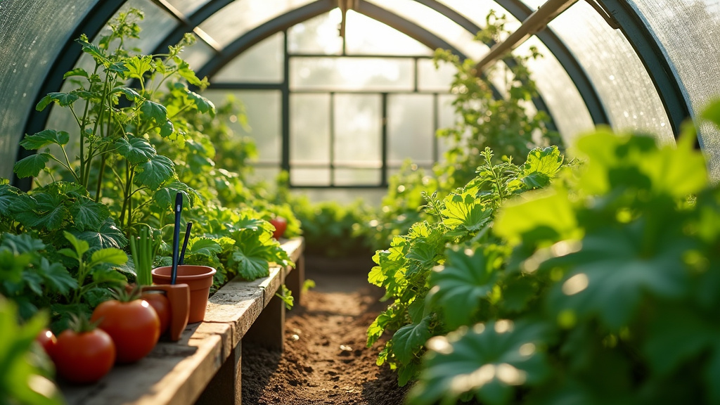 Vue intérieure d'une serre bien organisée avec des légumes en croissance